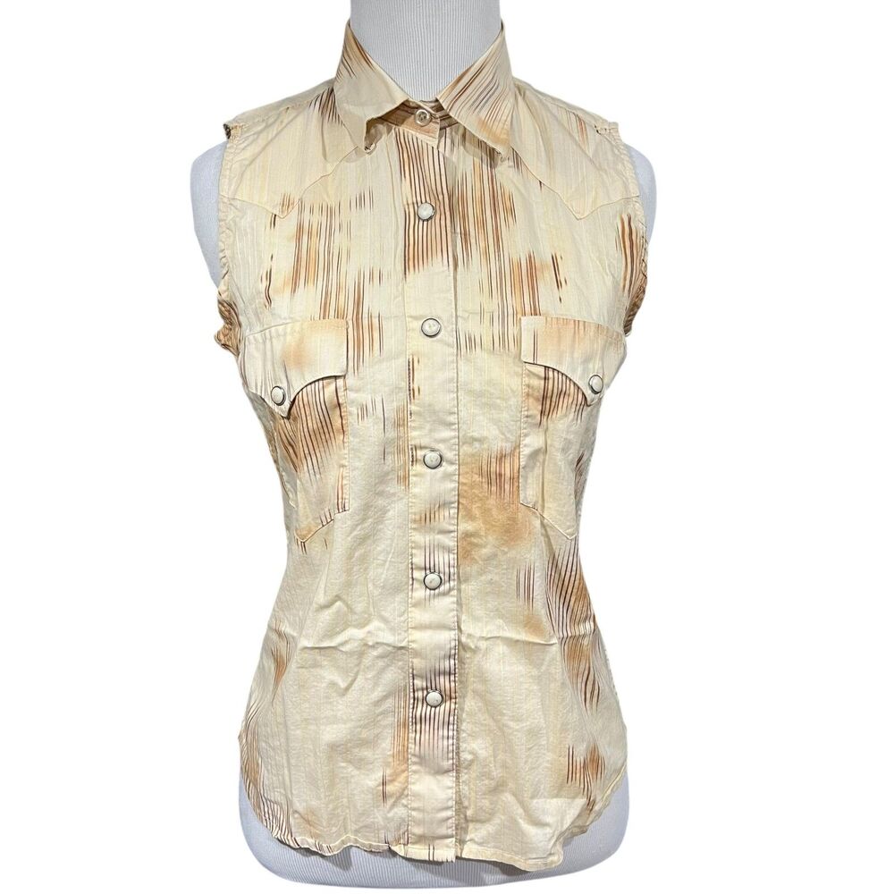 B&D Panhandle Slim Womens S Sleeveless Western Shirt Tan Snap Cotton Cowgirl